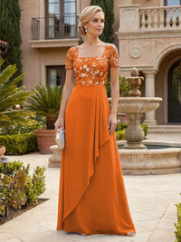 Elegant A-Line Chiffon Short Sleeves Floor-Length Mother of the Bride & Groom Dresses with Floral Embroidery Bodice & Sequin