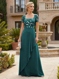 Elegant A-Line Chiffon Short Sleeves Floor-Length Mother of the Bride & Groom Dresses with Floral Embroidery Bodice & Sequin