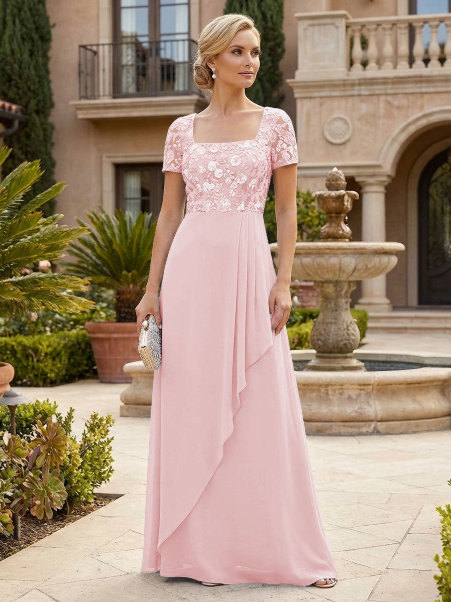 Elegant A-Line Chiffon Short Sleeves Floor-Length Mother of the Bride & Groom Dresses with Floral Embroidery Bodice & Sequin