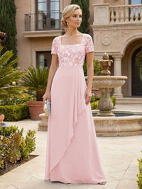 Elegant A-Line Chiffon Short Sleeves Floor-Length Mother of the Bride & Groom Dresses with Floral Embroidery Bodice & Sequin