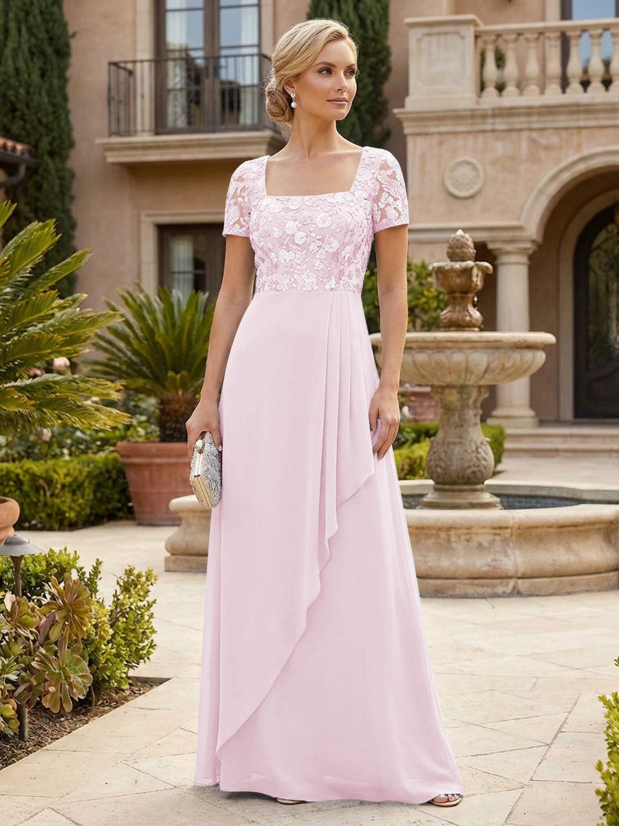 Elegant A-Line Chiffon Short Sleeves Floor-Length Mother of the Bride & Groom Dresses with Floral Embroidery Bodice & Sequin