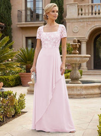 Elegant A-Line Chiffon Short Sleeves Floor-Length Mother of the Bride & Groom Dresses with Floral Embroidery Bodice & Sequin