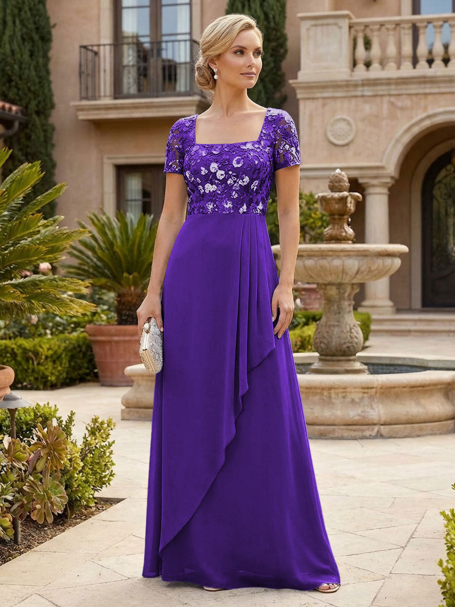 Elegant A-Line Chiffon Short Sleeves Floor-Length Mother of the Bride & Groom Dresses with Floral Embroidery Bodice & Sequin