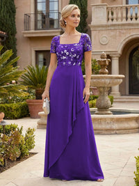 Elegant A-Line Chiffon Short Sleeves Floor-Length Mother of the Bride & Groom Dresses with Floral Embroidery Bodice & Sequin