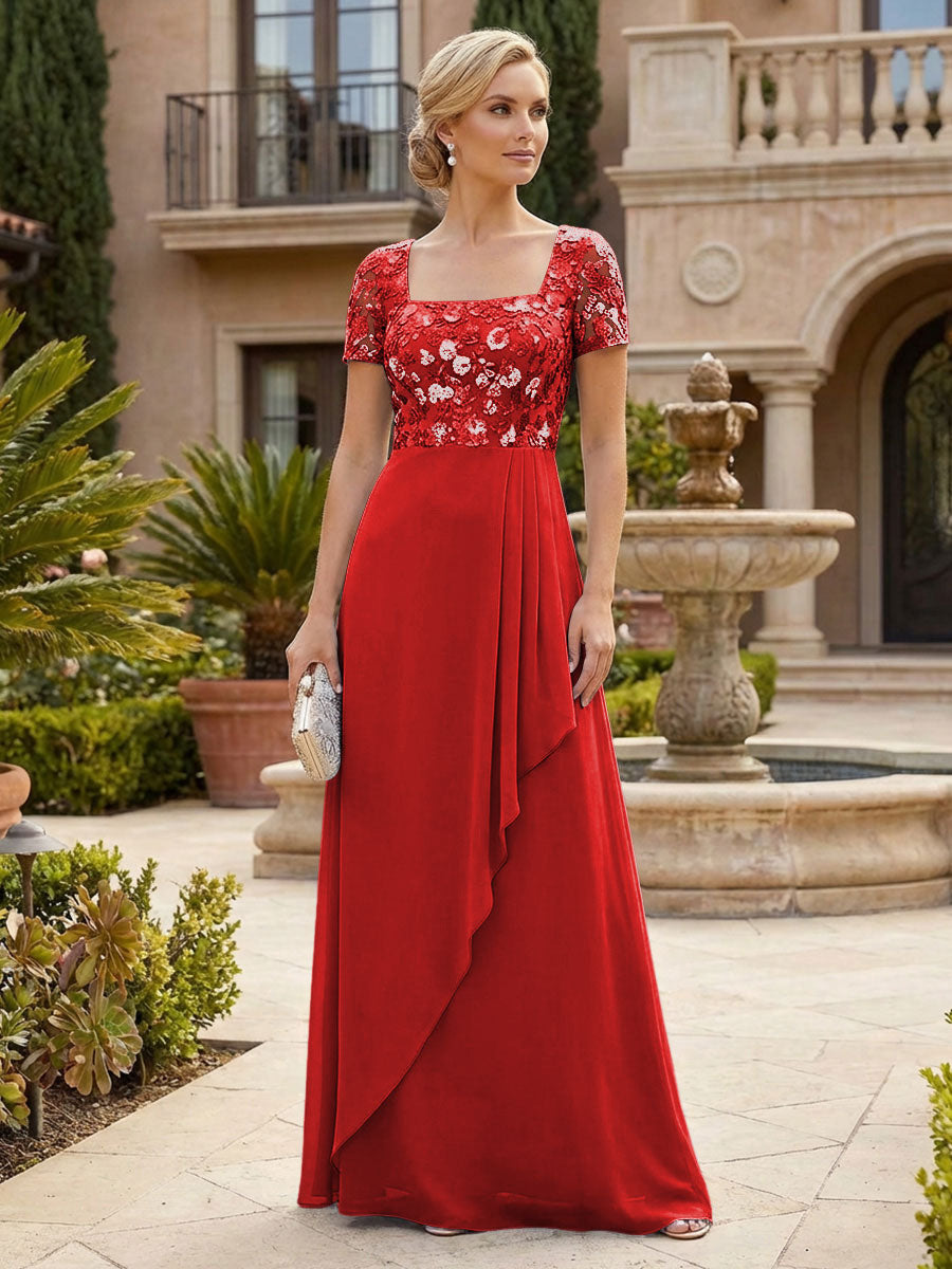 Elegant A-Line Chiffon Short Sleeves Floor-Length Mother of the Bride & Groom Dresses with Floral Embroidery Bodice & Sequin
