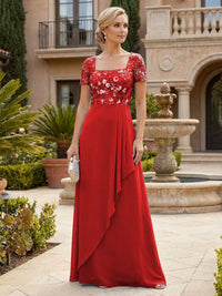 Elegant A-Line Chiffon Short Sleeves Floor-Length Mother of the Bride & Groom Dresses with Floral Embroidery Bodice & Sequin