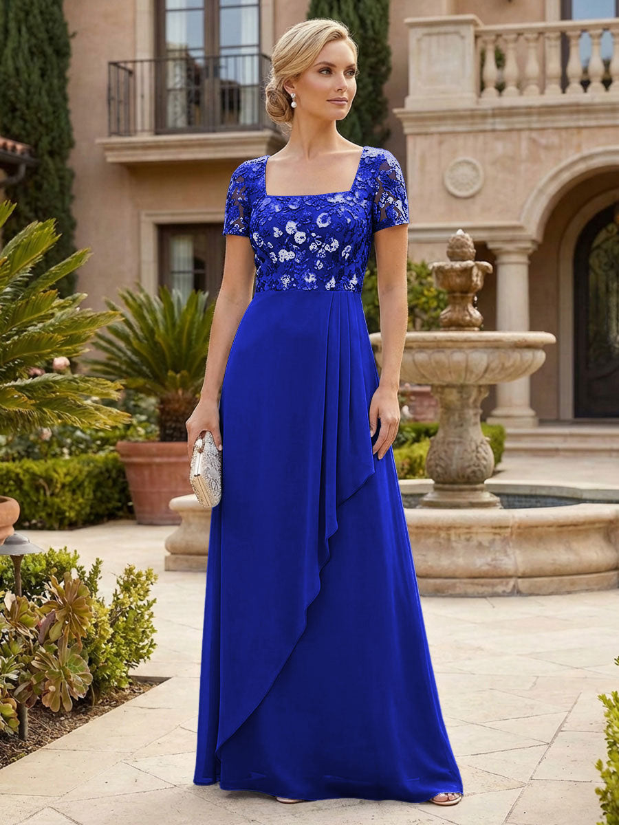 Elegant A-Line Chiffon Short Sleeves Floor-Length Mother of the Bride & Groom Dresses with Floral Embroidery Bodice & Sequin