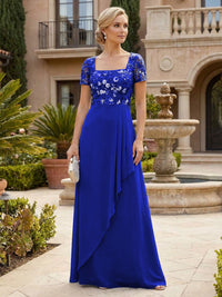 Elegant A-Line Chiffon Short Sleeves Floor-Length Mother of the Bride & Groom Dresses with Floral Embroidery Bodice & Sequin