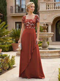 Elegant A-Line Chiffon Short Sleeves Floor-Length Mother of the Bride & Groom Dresses with Floral Embroidery Bodice & Sequin