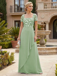 Elegant A-Line Chiffon Short Sleeves Floor-Length Mother of the Bride & Groom Dresses with Floral Embroidery Bodice & Sequin