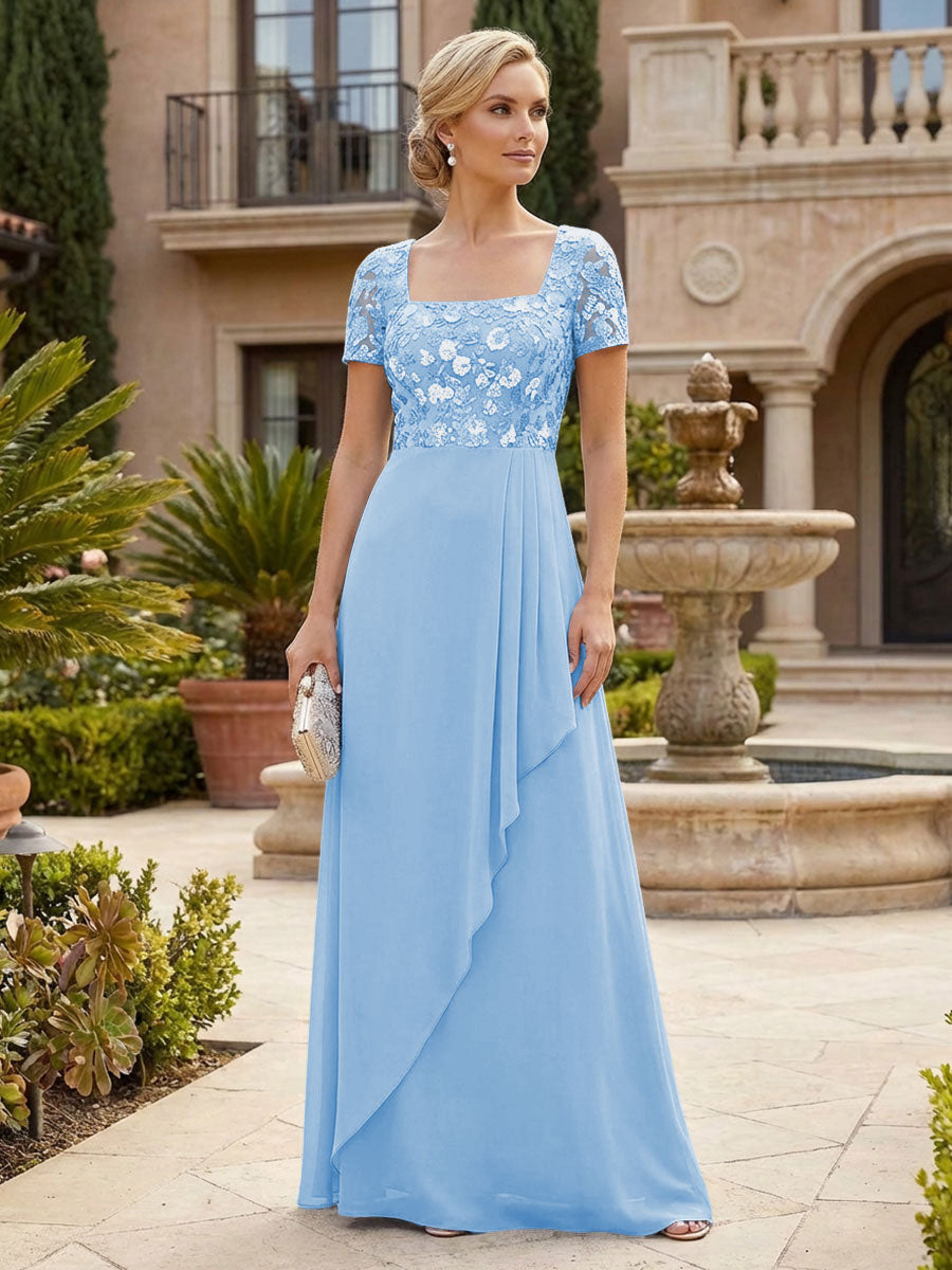 Elegant A-Line Chiffon Short Sleeves Floor-Length Mother of the Bride & Groom Dresses with Floral Embroidery Bodice & Sequin