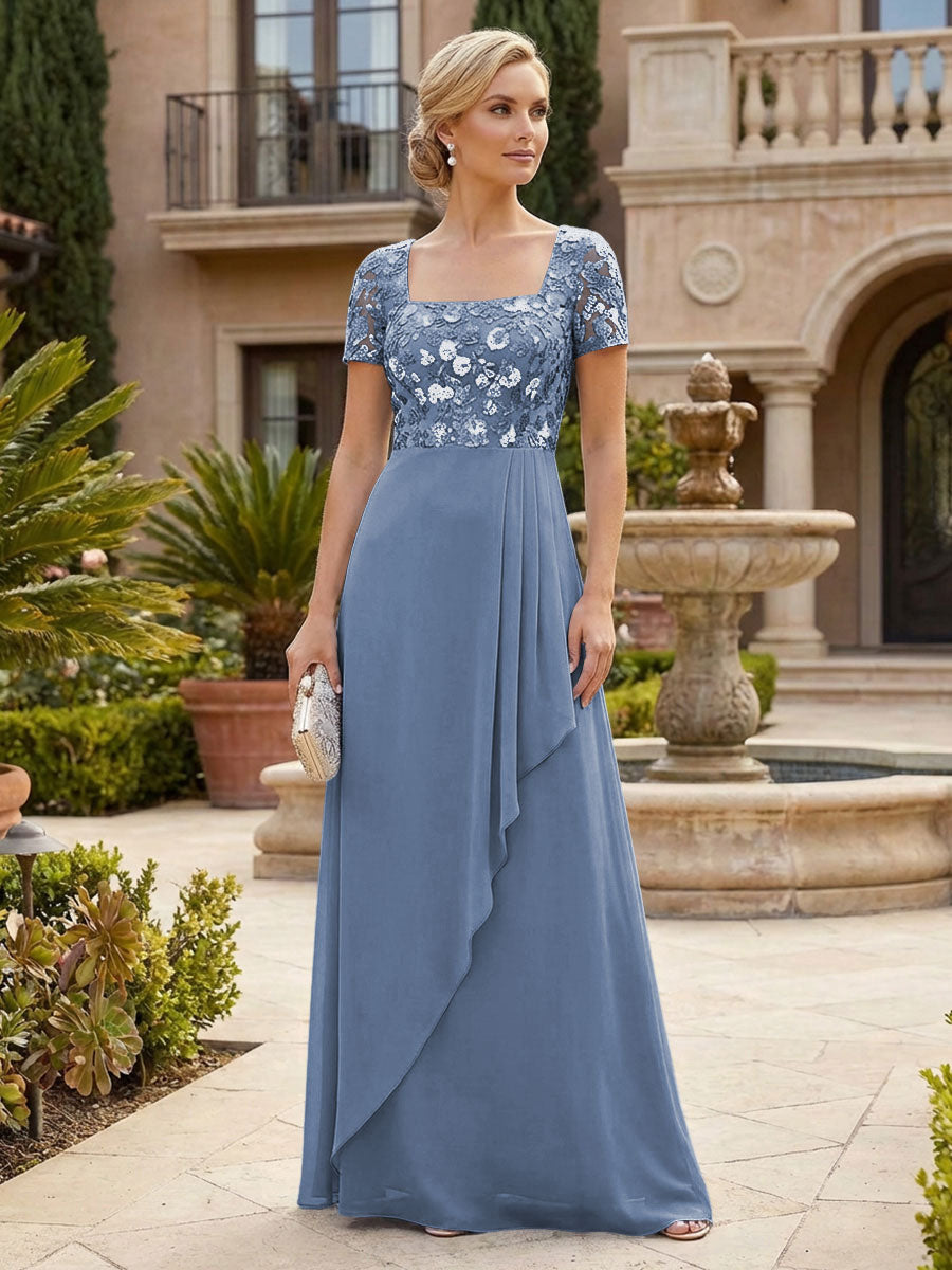 Elegant A-Line Chiffon Short Sleeves Floor-Length Mother of the Bride & Groom Dresses with Floral Embroidery Bodice & Sequin