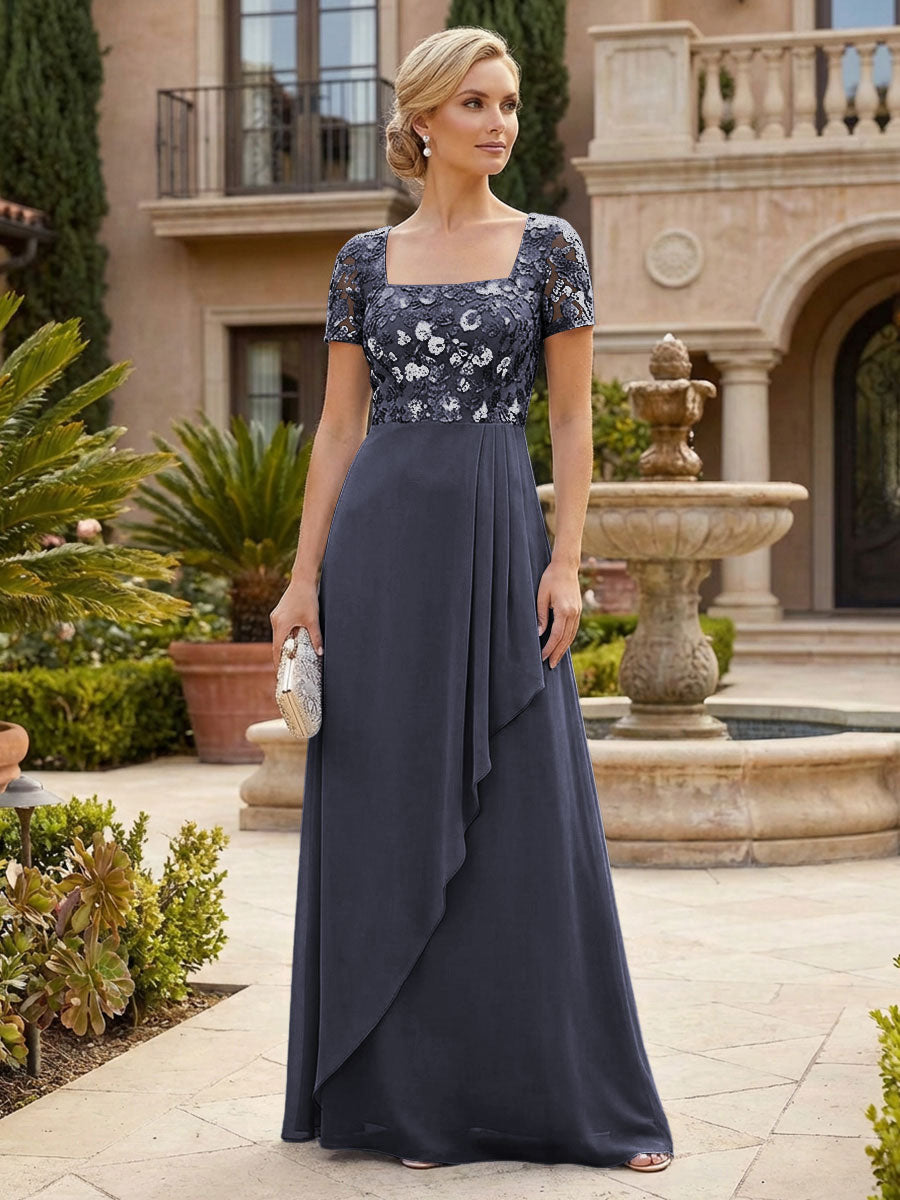 Elegant A-Line Chiffon Short Sleeves Floor-Length Mother of the Bride & Groom Dresses with Floral Embroidery Bodice & Sequin