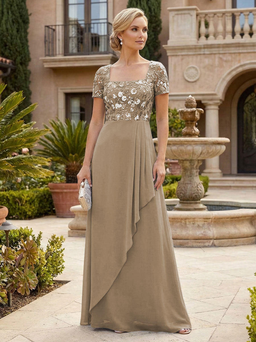 Elegant A-Line Chiffon Short Sleeves Floor-Length Mother of the Bride & Groom Dresses with Floral Embroidery Bodice & Sequin