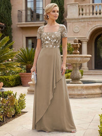 Elegant A-Line Chiffon Short Sleeves Floor-Length Mother of the Bride & Groom Dresses with Floral Embroidery Bodice & Sequin