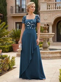 Elegant A-Line Chiffon Short Sleeves Floor-Length Mother of the Bride & Groom Dresses with Floral Embroidery Bodice & Sequin