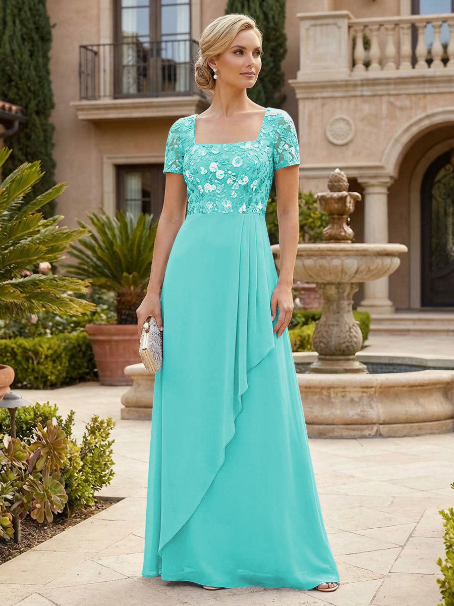 Elegant A-Line Chiffon Short Sleeves Floor-Length Mother of the Bride & Groom Dresses with Floral Embroidery Bodice & Sequin