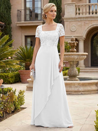 Elegant A-Line Chiffon Short Sleeves Floor-Length Mother of the Bride & Groom Dresses with Floral Embroidery Bodice & Sequin