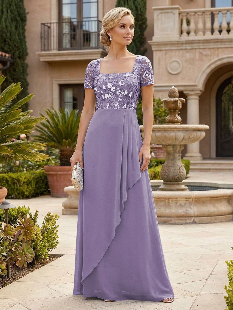 Elegant A-Line Chiffon Short Sleeves Floor-Length Mother of the Bride & Groom Dresses with Floral Embroidery Bodice & Sequin