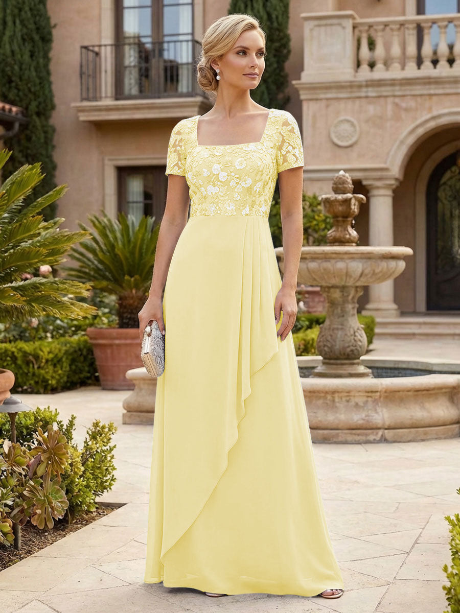 Elegant A-Line Chiffon Short Sleeves Floor-Length Mother of the Bride & Groom Dresses with Floral Embroidery Bodice & Sequin