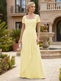 Elegant A-Line Chiffon Short Sleeves Floor-Length Mother of the Bride & Groom Dresses with Floral Embroidery Bodice & Sequin