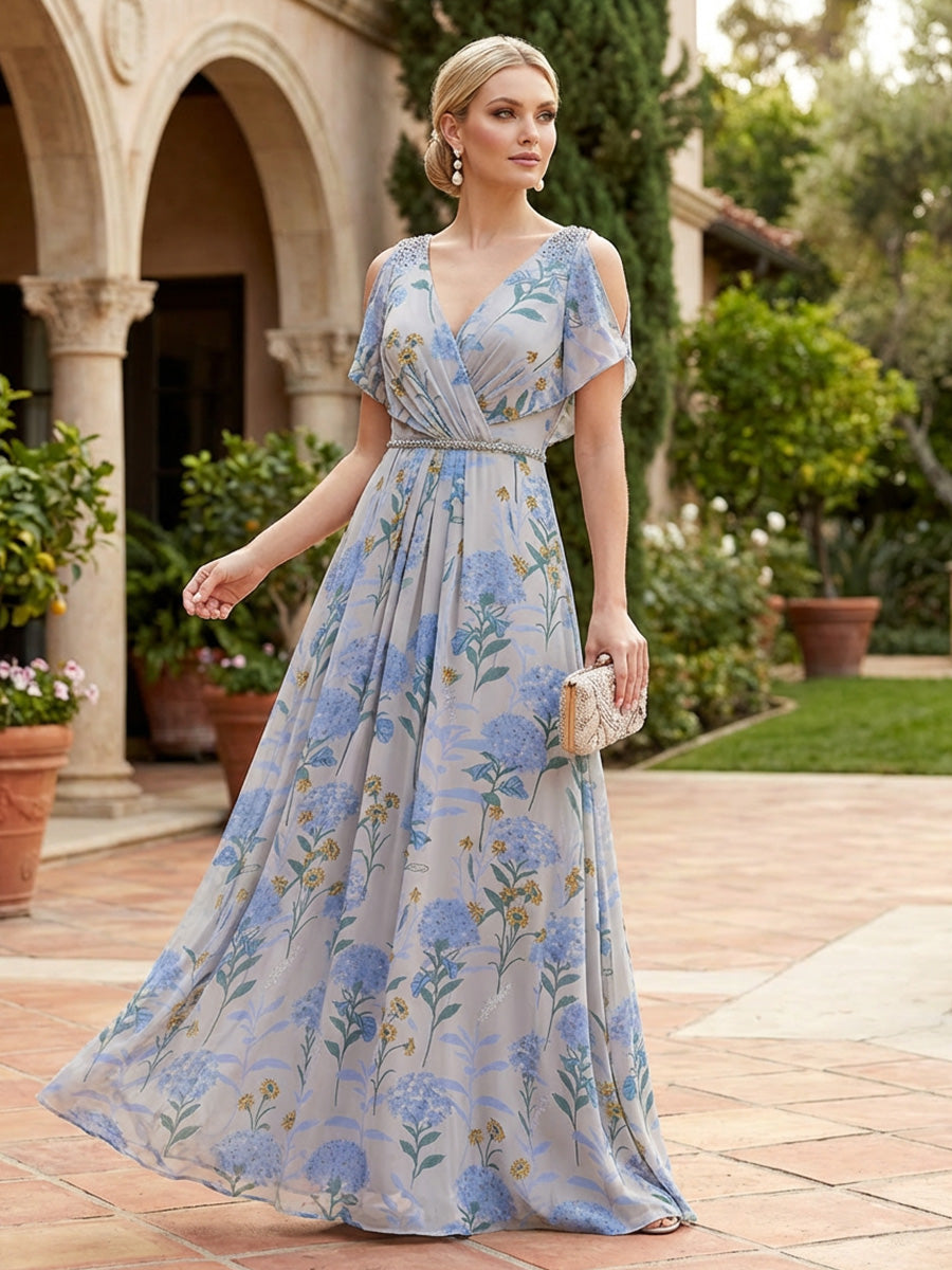 Elegant A-Line Chiffon Floral Print Floor-Length Mother of the Bride & Groom Dresses with Cold Shoulder Flutter Sleeves