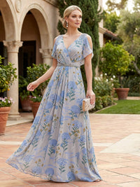 Elegant A-Line Chiffon Floral Print Floor-Length Mother of the Bride & Groom Dresses with Cold Shoulder Flutter Sleeves