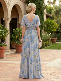 Elegant A-Line Chiffon Floral Print Floor-Length Mother of the Bride & Groom Dresses with Cold Shoulder Flutter Sleeves