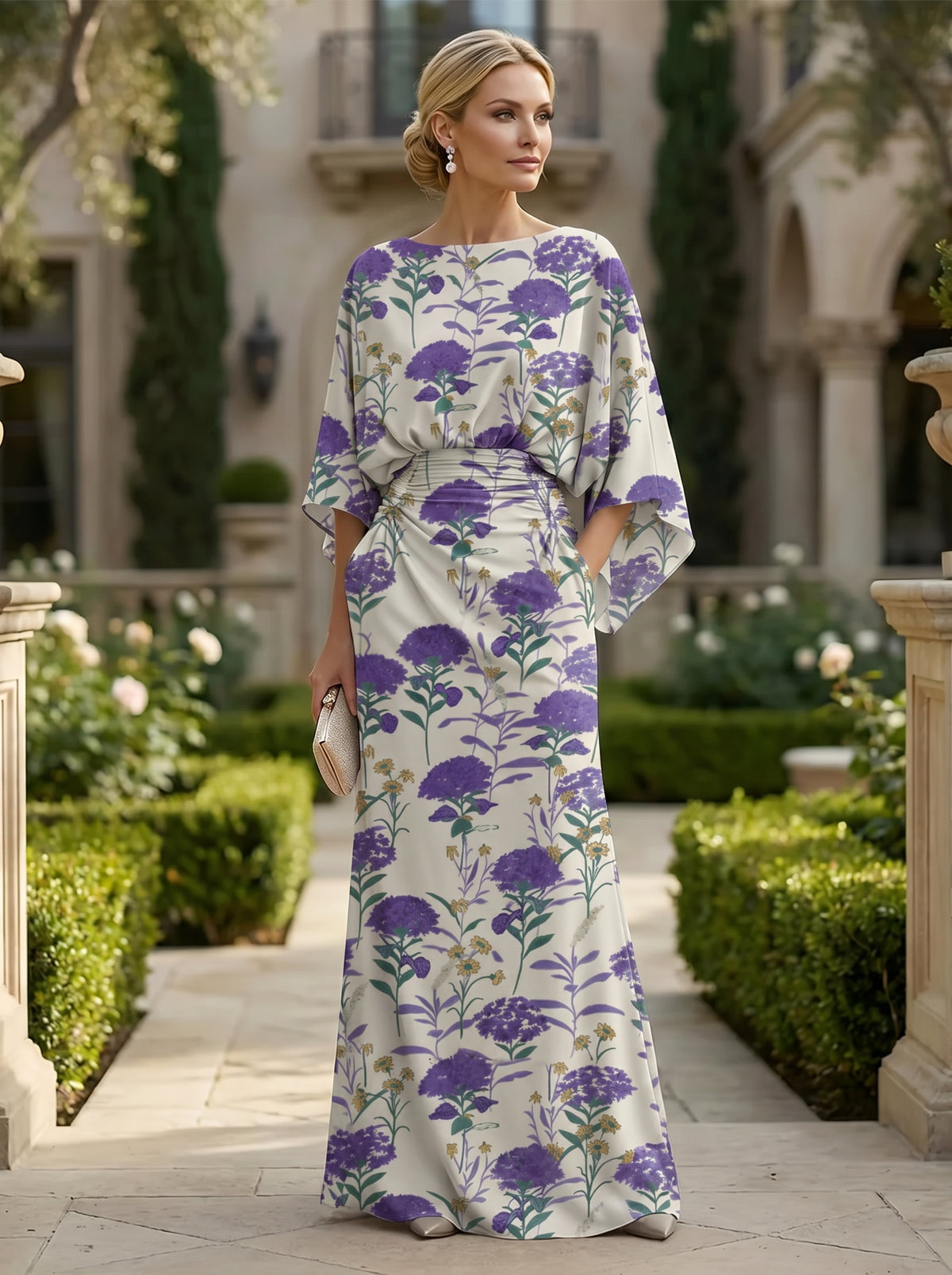 Sheath Chiffon Floral Print Cape Sleeves Mother of the Bride & Groom Dresses for Formal Wedding