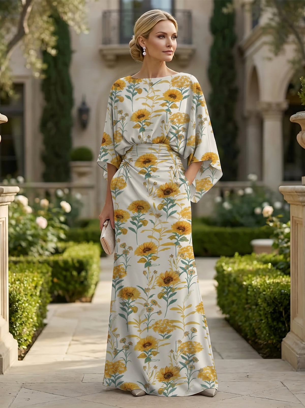 Sheath Chiffon Floral Print Cape Sleeves Mother of the Bride & Groom Dresses for Formal Wedding