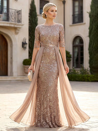 Sheath 3/4 Sleeves Tulle Floral Sequin Floor-Length Mother of the Bride & Groom Dresses with Chiffon Side Overlay