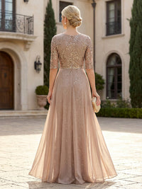 Sheath 3/4 Sleeves Tulle Floral Sequin Floor-Length Mother of the Bride & Groom Dresses with Chiffon Side Overlay