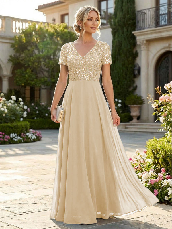 A-Line Chiffon Short Sleeves Mother of the Bride & Groom Dresses with Sequin Bodice