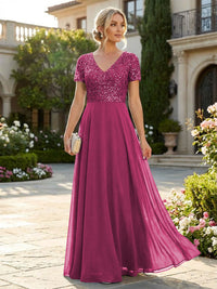 A-Line Chiffon Short Sleeves Mother of the Bride & Groom Dresses with Sequin Bodice