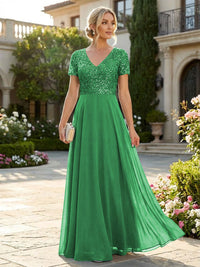 A-Line Chiffon Short Sleeves Mother of the Bride & Groom Dresses with Sequin Bodice