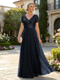 A-Line Chiffon Short Sleeves Mother of the Bride & Groom Dresses with Sequin Bodice