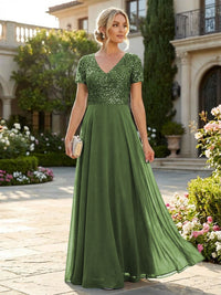 A-Line Chiffon Short Sleeves Mother of the Bride & Groom Dresses with Sequin Bodice