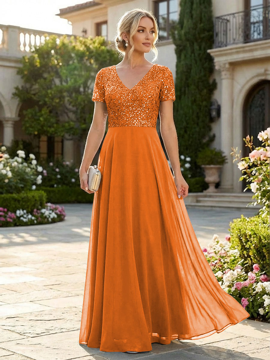 Shirees Orange A-Line Chiffon Short Sleeves Mother of the Bride & Groom Dresses with Sequin Bodice 2026