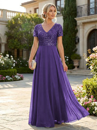 A-Line Chiffon Short Sleeves Mother of the Bride & Groom Dresses with Sequin Bodice