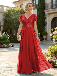 A-Line Chiffon Short Sleeves Mother of the Bride & Groom Dresses with Sequin Bodice