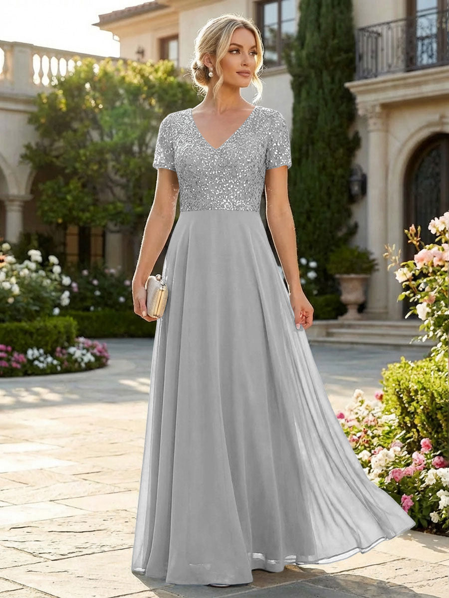 silver mother of the bride dresses short Shirees Silver A-Line Chiffon Short Sleeves Mother of the Bride & Groom Dresses with Sequin Bodice 2026