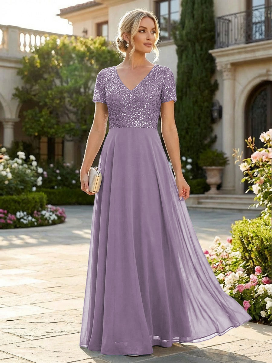 short mother of groom dresses Mother of The Bride Dresses 2026 Women's A-Line V-Neck Short Sleeves Long Elegant Formal Evening Gowns with Appliques & Ruffles, Petal