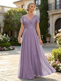 A-Line Chiffon Short Sleeves Mother of the Bride & Groom Dresses with Sequin Bodice