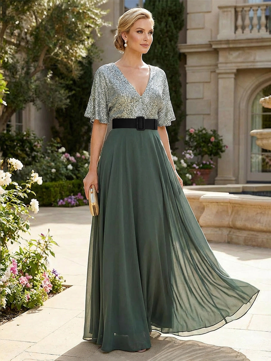 Elegant A-Line Chiffon Short Sleeves Pleated Mother of the Bride & Groom Dresses with Glitter Bodice & Belt