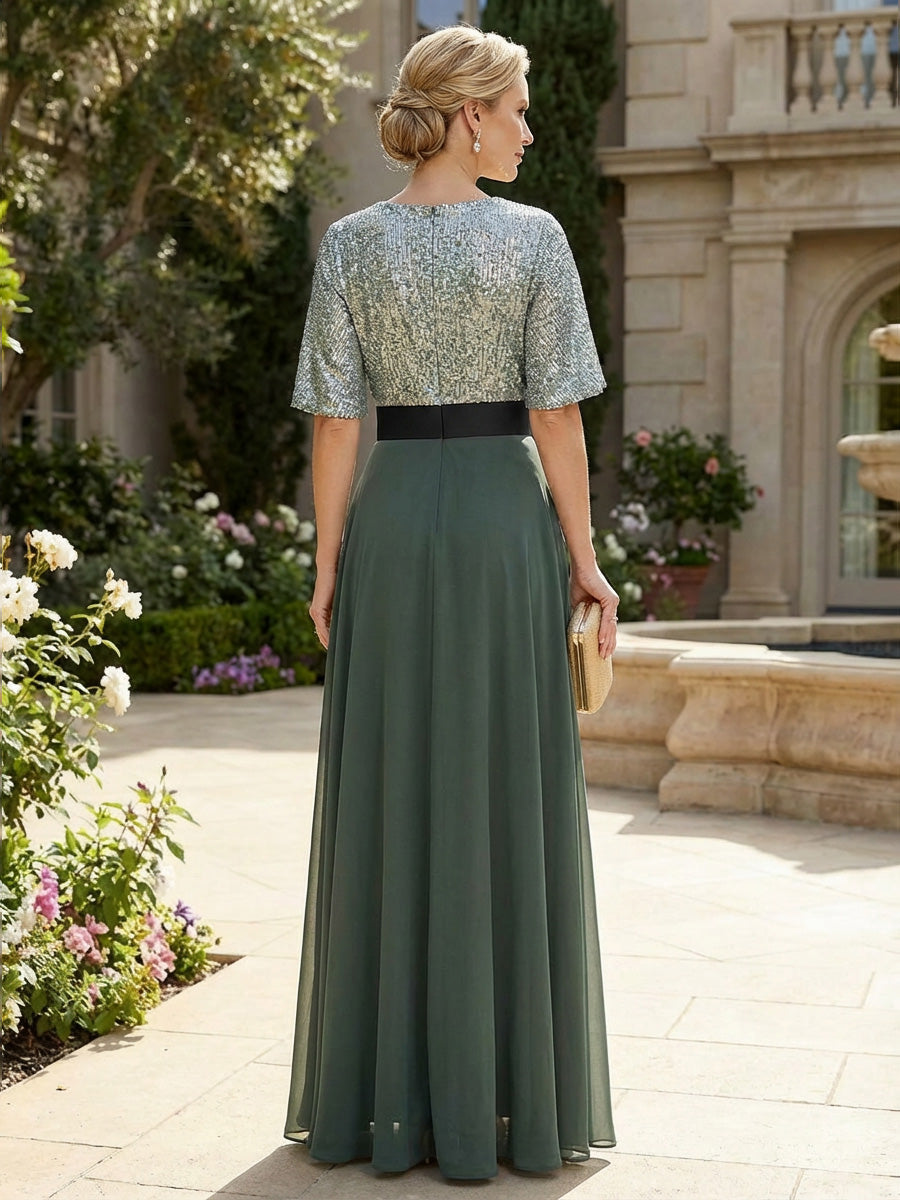 Elegant A-Line Chiffon Short Sleeves Pleated Mother of the Bride & Groom Dresses with Glitter Bodice & Belt