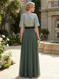 Elegant A-Line Chiffon Short Sleeves Pleated Mother of the Bride & Groom Dresses with Glitter Bodice & Belt