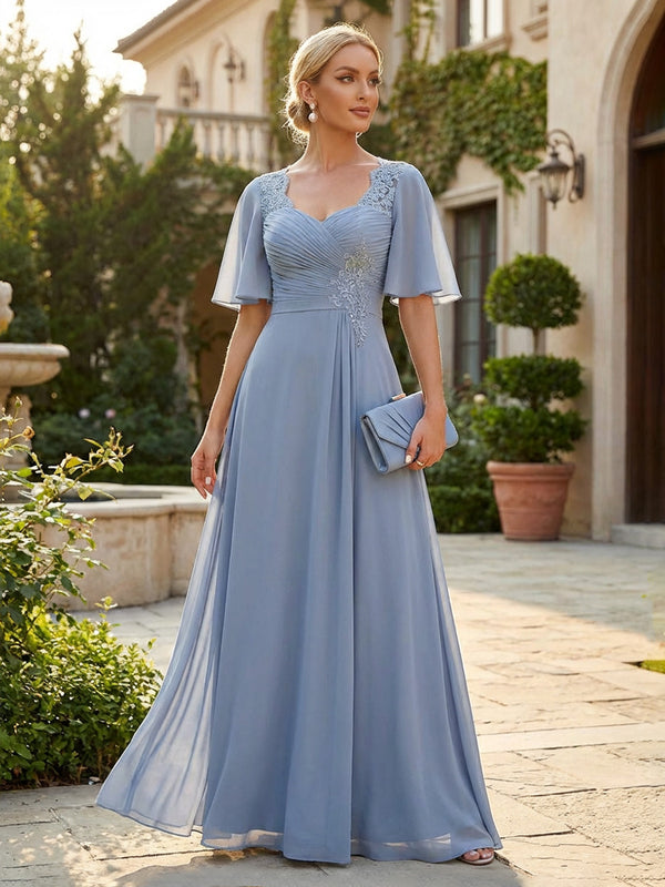 Elegant A-Line Chiffon Flutter Short Sleeves Pleated Mother of the Bride & Groom Dresses with Ruched Waist