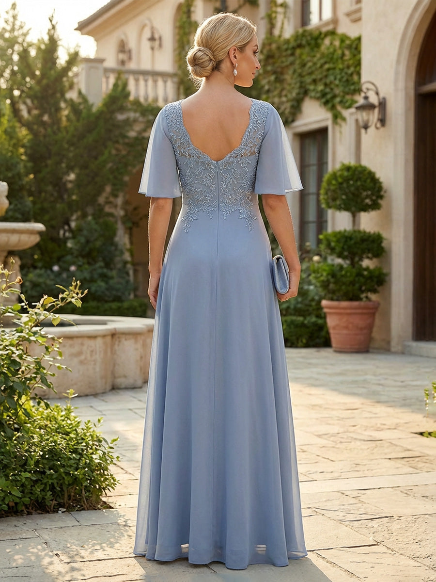 Elegant A-Line Chiffon Flutter Short Sleeves Pleated Mother of the Bride & Groom Dresses with Ruched Waist