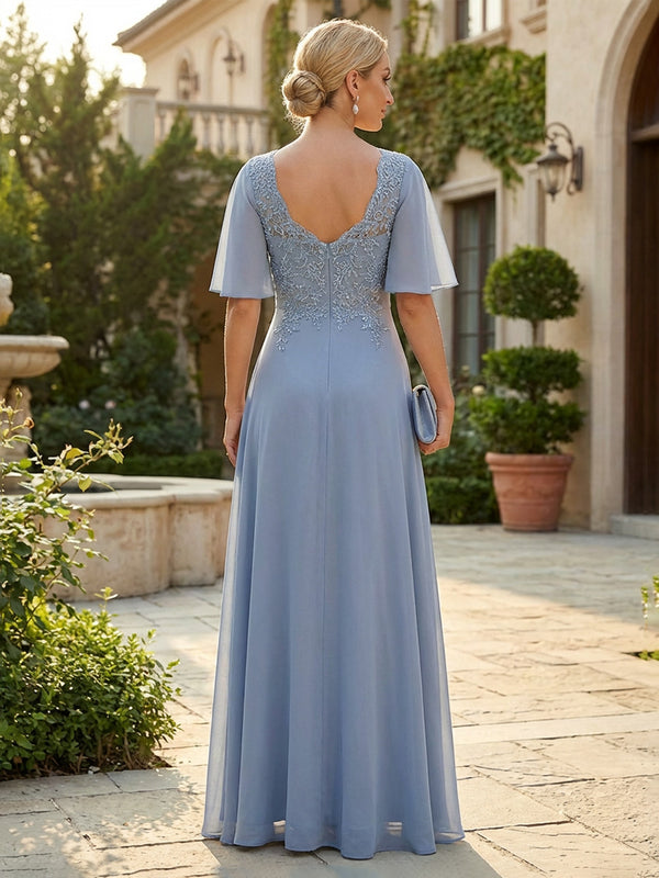 Elegant A-Line Chiffon Flutter Short Sleeves Pleated Mother of the Bride & Groom Dresses with Ruched Waist