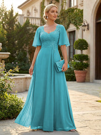Elegant A-Line Chiffon Flutter Short Sleeves Pleated Mother of the Bride & Groom Dresses with Ruched Waist